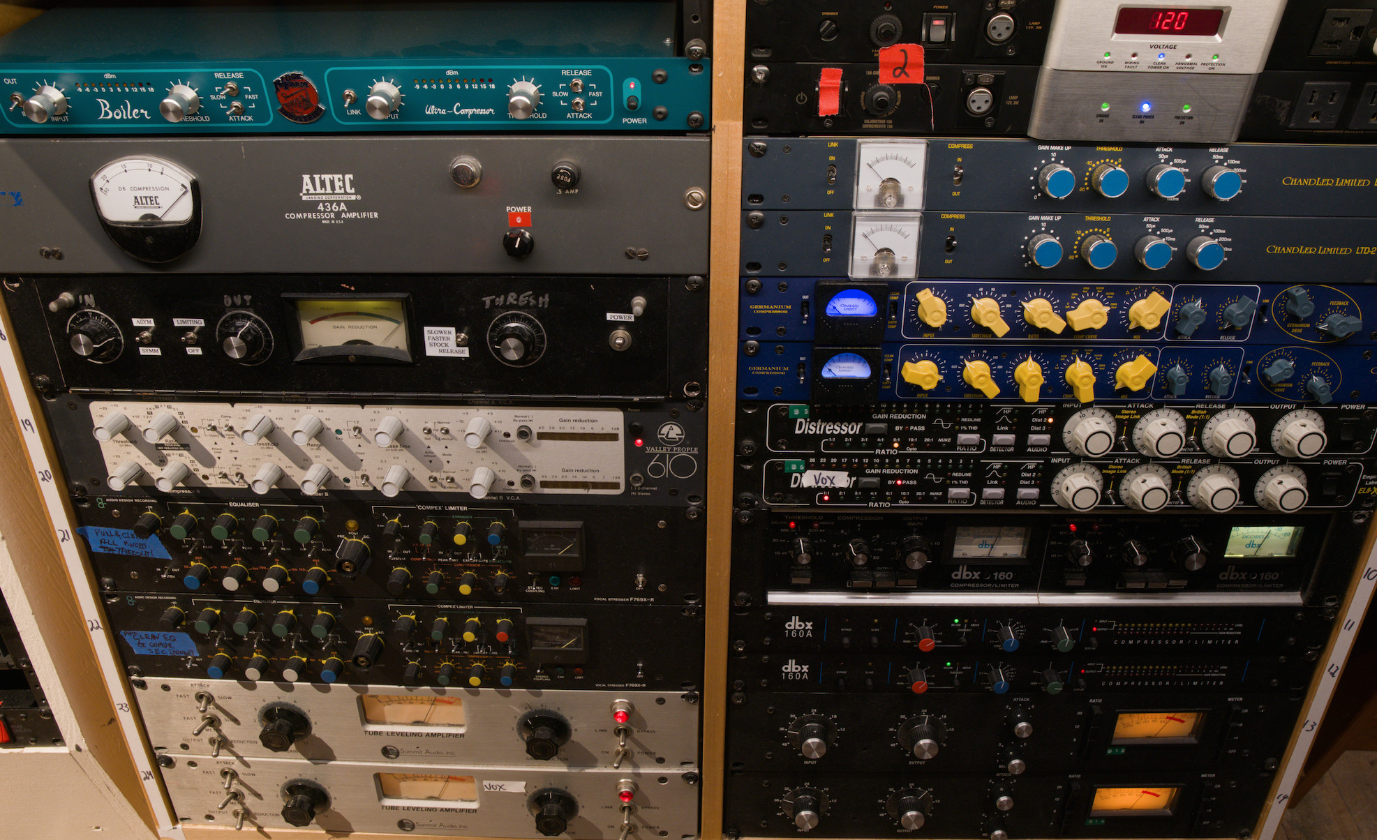 two large racks filled with outboard effects