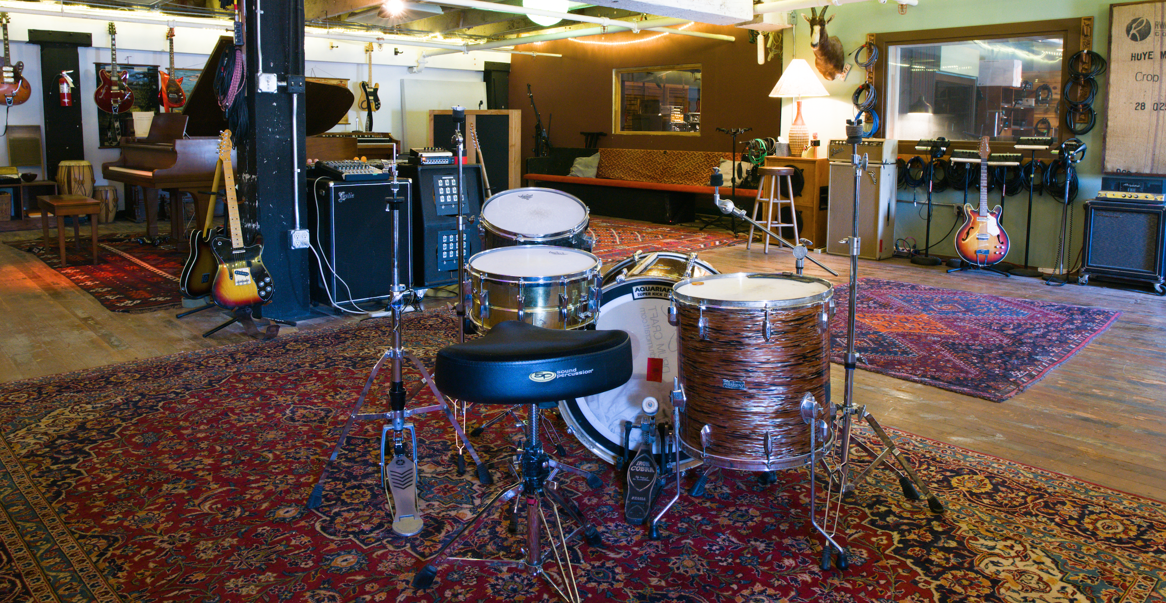 a drum kit inside Echo Echo recording studio
